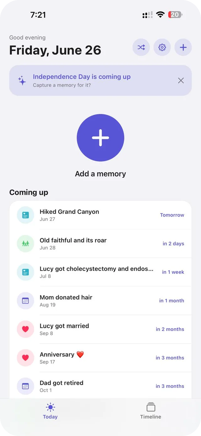 The Backstory Today screen, listing upcoming memories with how soon each one falls.